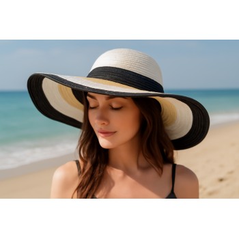 Wide Brim Straw Hat w/ Color Stripes - Black - HT-SHT2324BK